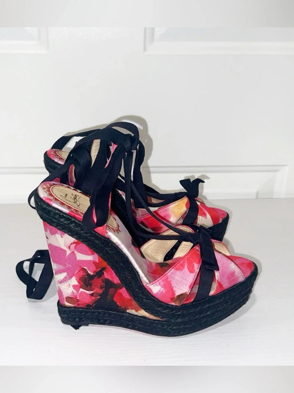 Christian Louboutin Pink Floral Isabelle Espadrille Wedge Sandals